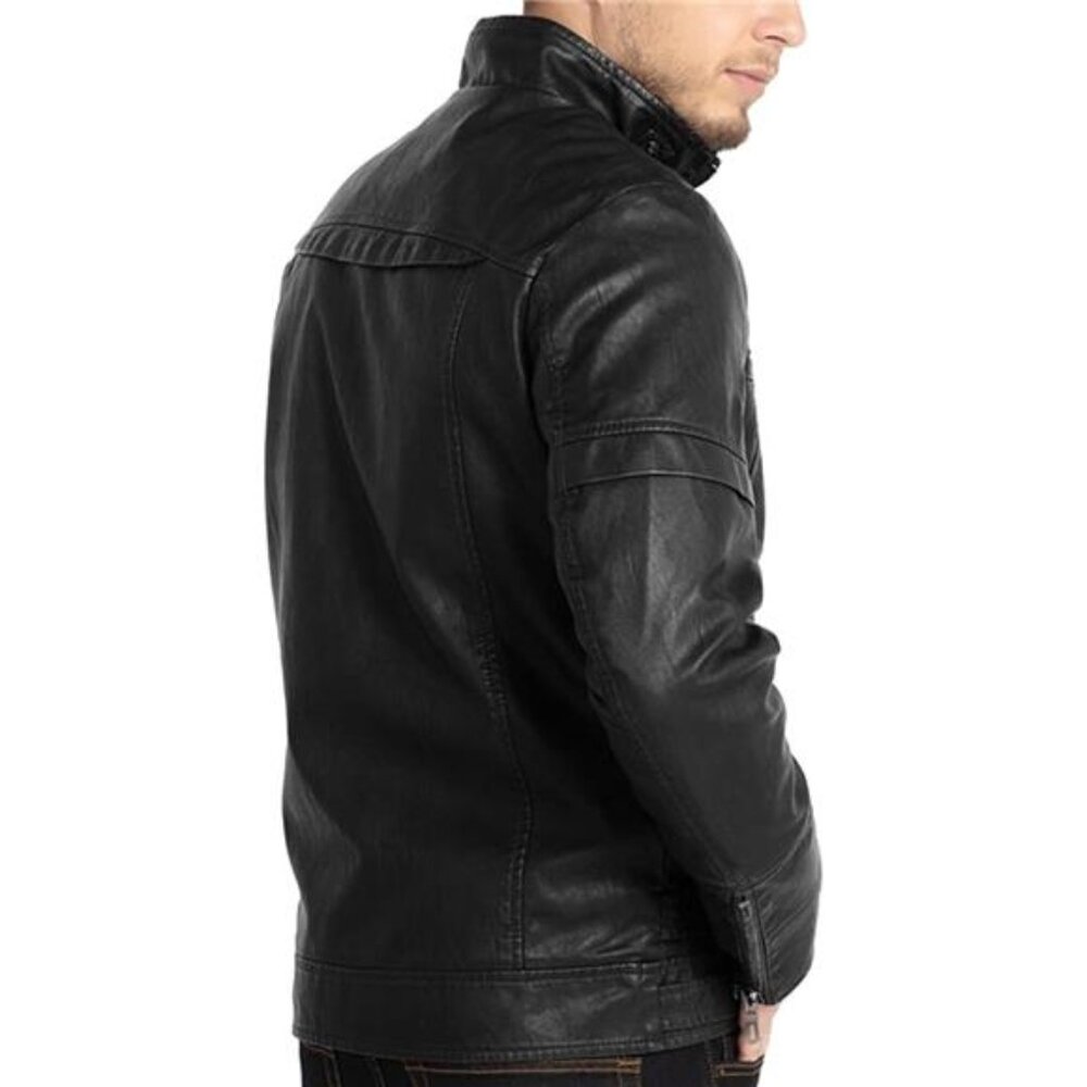 Men's Vintage Stand Collar Leather Jacket Motorcycle PU Jacket and Coat - Picture 10 of 12